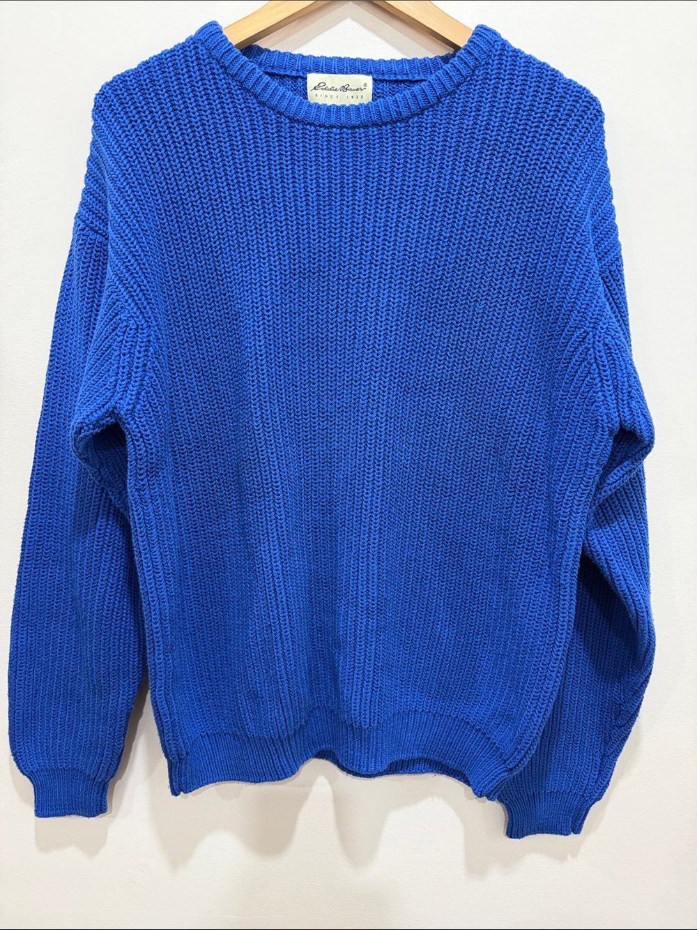 Eddie Bauer Vintage Bright Blue Chunky Knit Crewneck Sweater 100% Cotton